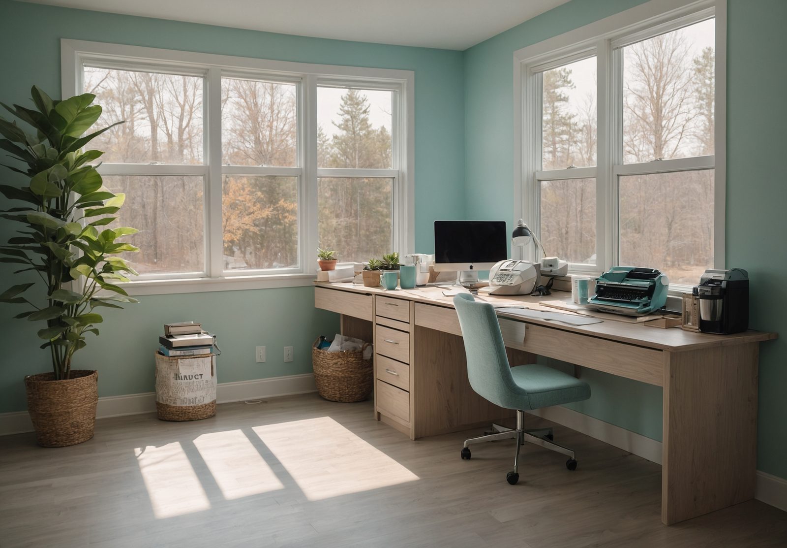 A desk by a window in a teal-walled room, with a monitor and a plant