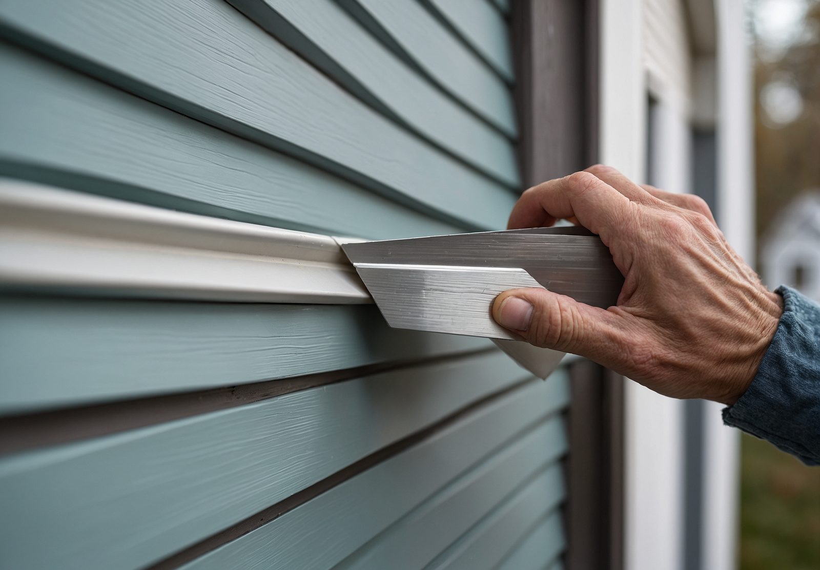 Hands fitting a cut vinyl siding panel into a corner trim channel