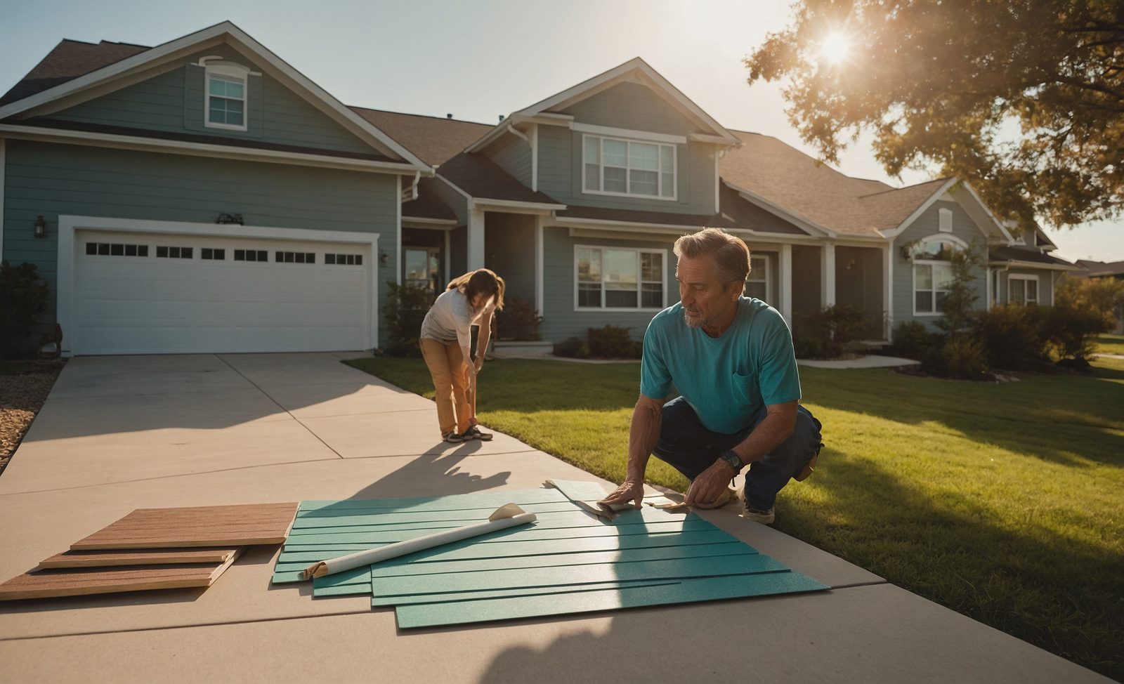 A man and a woman holding siding samples on a driveway beside a house