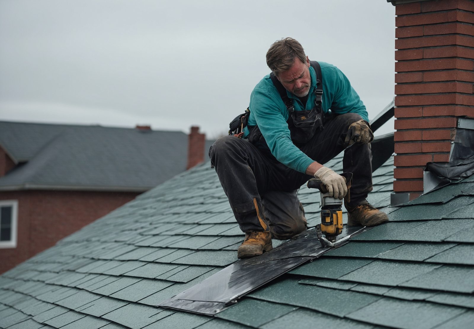 A roofer kneeling on shingles, nailing metal flashing beside a brick chimney