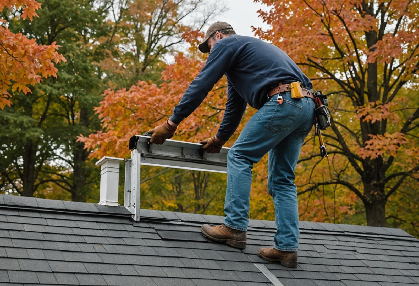 A roofer on a shingled roof handling white metal flashing beside a chimney, with autumn trees behind