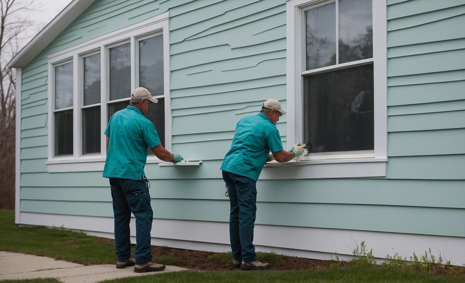 Two workers fitting trim beside a window on a house with teal siding